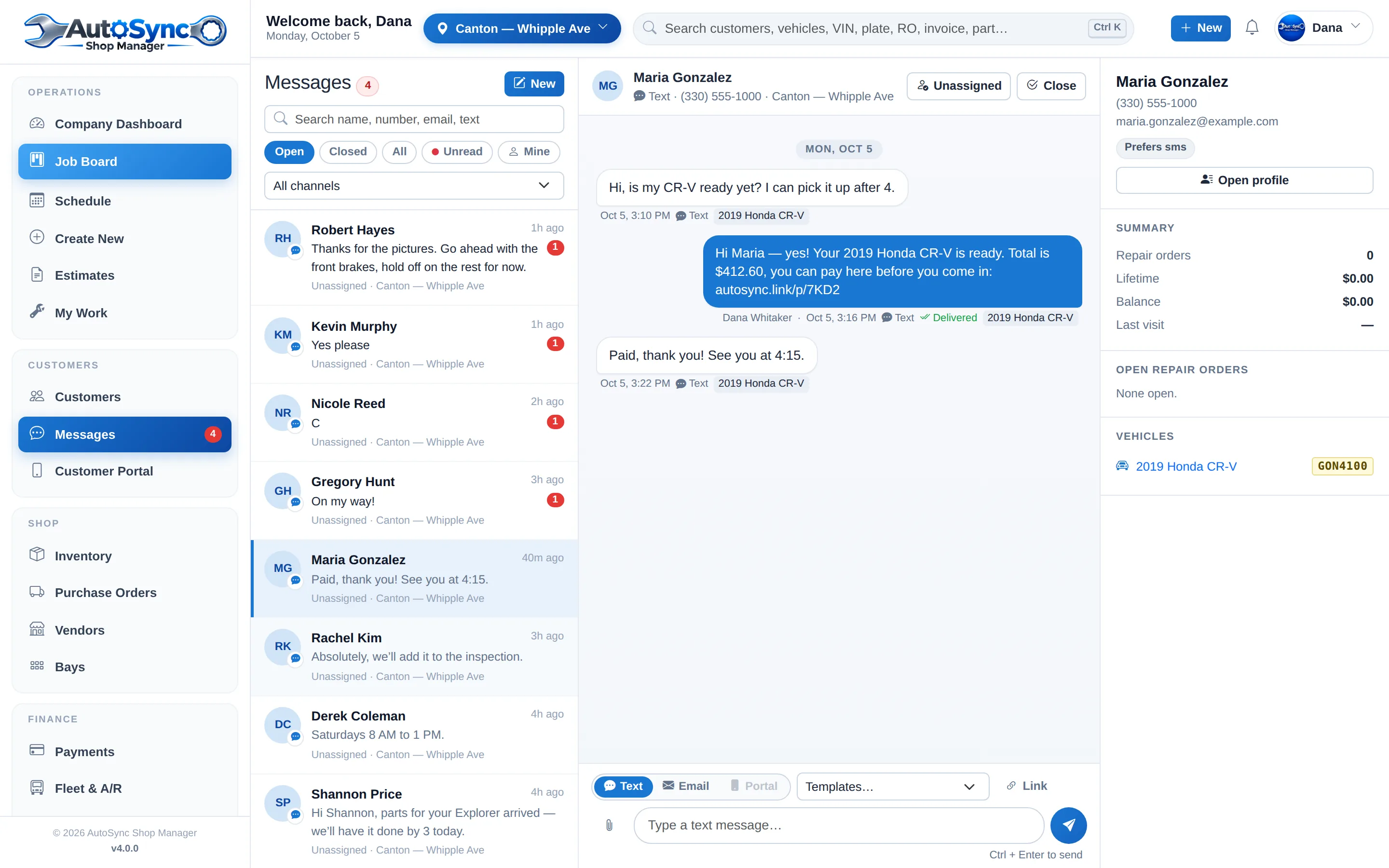 The messages inbox with a customer thread and the vehicle beside it