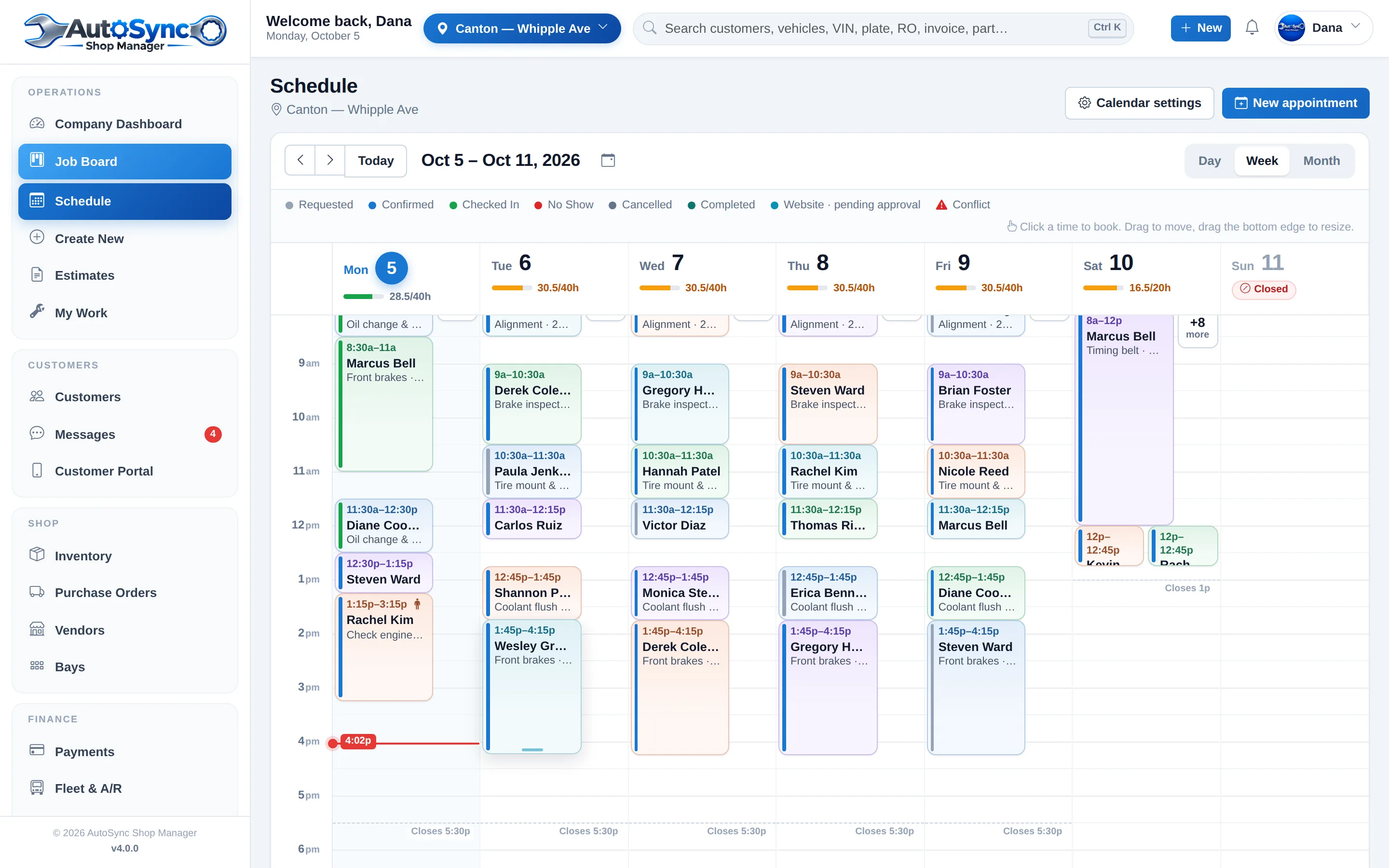 The scheduling week view with appointments by technician